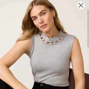 Evereve Gray Sleeveless Mock Neck Tank with Pearl Trim
